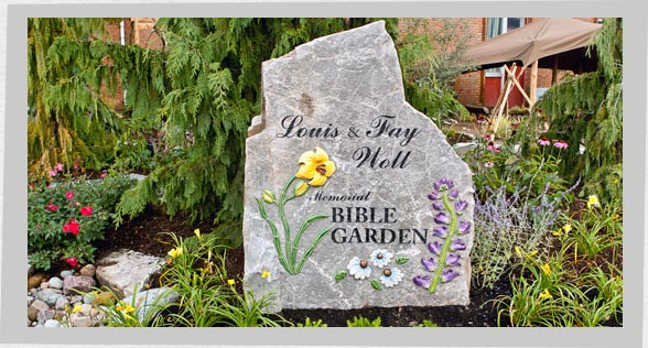 BBGS Louis and Fay Woll Memorial Bible Gardens signage